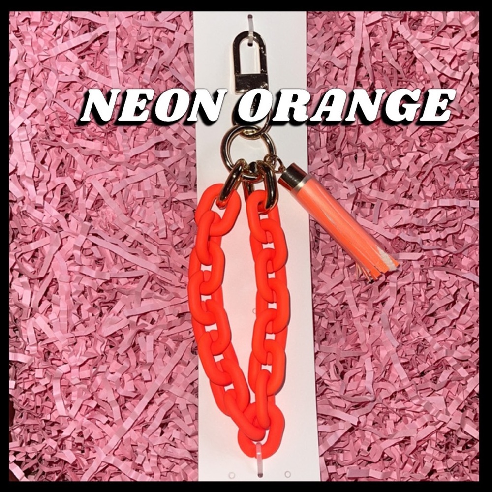🆕🧡NEON ORANGE OVAL Rubber Coated Keychain Wristlet